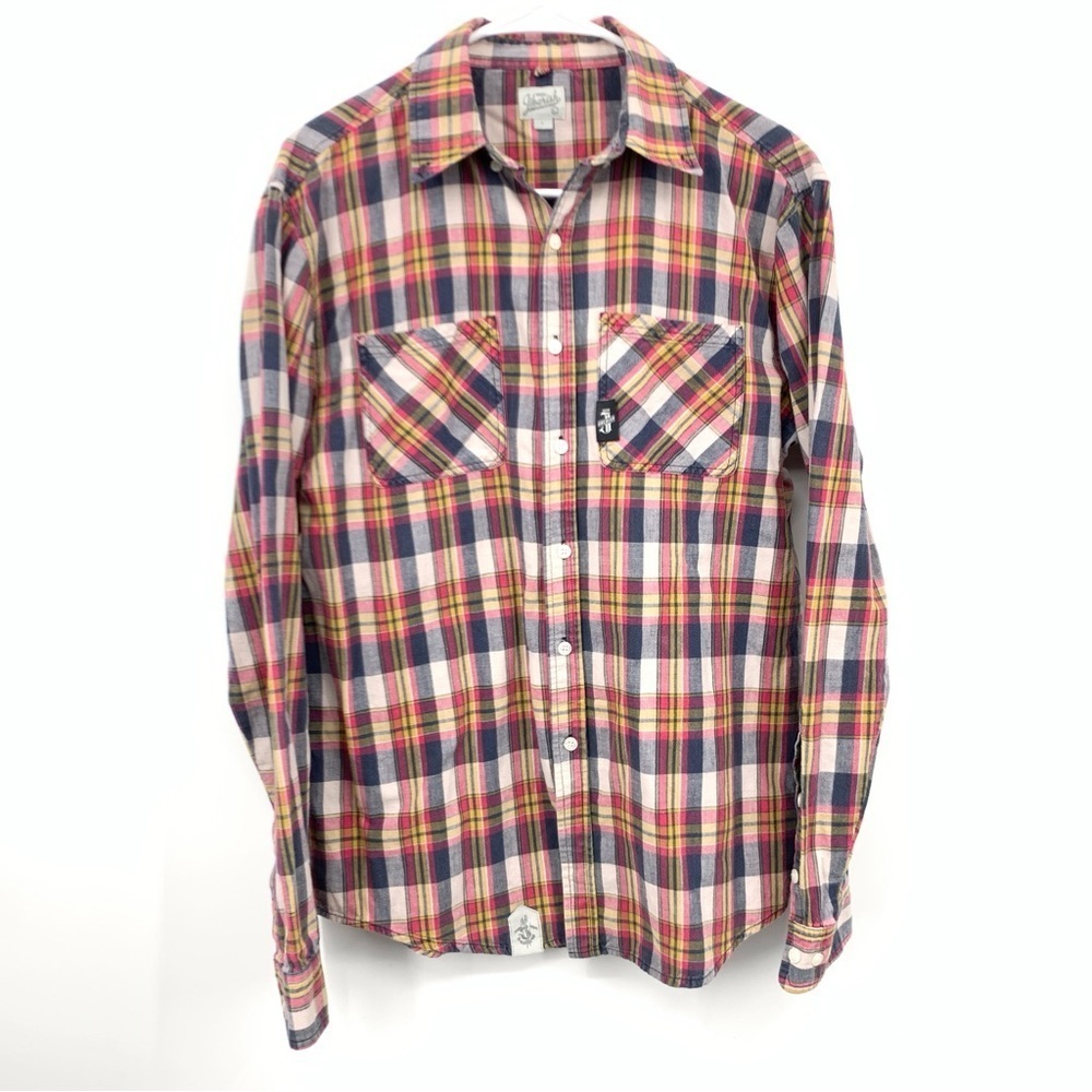 Jiberish Men Size Large Shirt Button Down Top Pink Blue Checkered Plaid Cotton‎